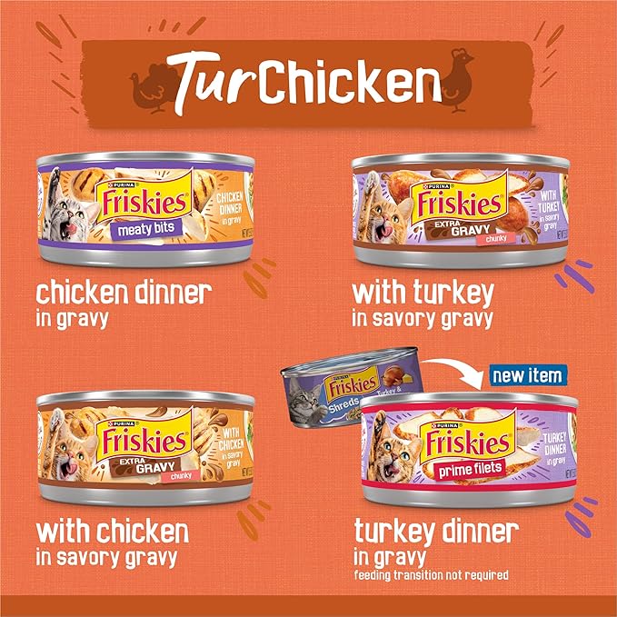Purina Friskies Wet Cat Food Gravy Variety Pack, TurChicken Extra Gravy Chunky, Meaty Bits and Prime Filets - 48 ct. Can