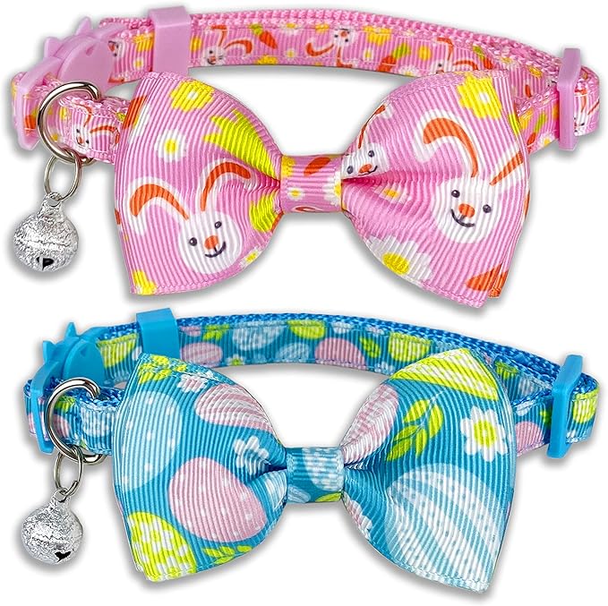 Pohshido Easter Cat Collar with Bow Tie, Holiday 2 Pack Kitty Kitten Cute Bunny Carrot Collar for Girls and Boys (Hoppy Hour/Pink)