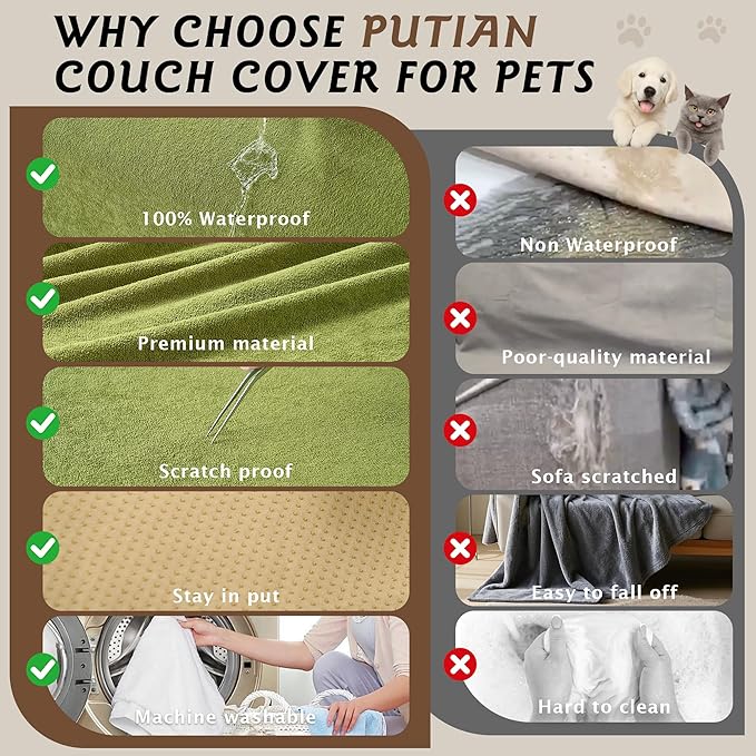 PuTian 100% Waterproof Couch Cover for Dogs - Anti-Scratch Washable Non Slip 2 Cushion Cover Blanket for L Shaped Sectional Recliner Chair Sofa Slipcover for Pet Cats Kids, 71''X102'' Boho Green