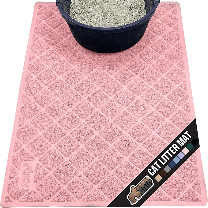 GORILLA GRIP Cat Litter Box Mat, 35x23, Water Resistant, US Designed Kitty Litter Trapping Mats, Easy to Clean, Scatter Control, Less Mess and Clean Floors, Kitten Supplies for Indoor Cats, Light Pink