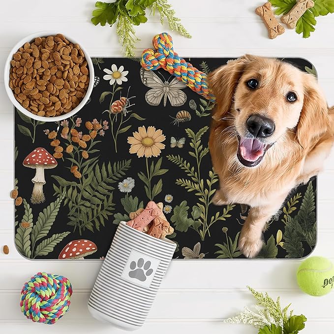 Red Mushroom Pet Feeding Mat,Fern Herb Butterfly Absorbent Quick-Dry Cat Dog Food and Water Bowl Mats,Non-Slip Rubber Backing Mat,Cat Dog Accessories Supplies 12"x20"