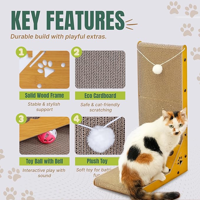 Cat Cuddles Cardboard Cat Scratcher for Indoor Cats - 3-in-1 Vertical & Horizontal Cardboard Scratch Pad with Toy Ball - L-Shape Scratching Post for Furniture Protection