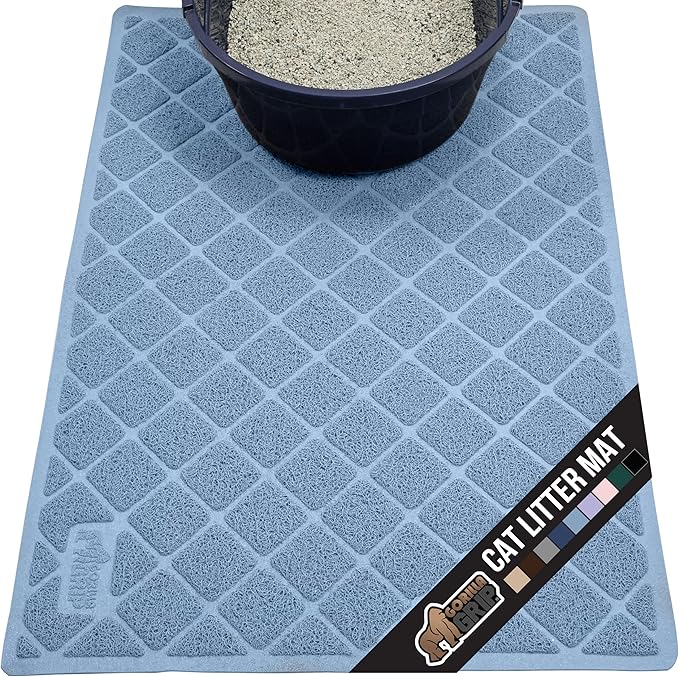 GORILLA GRIP Cat Litter Box Mat, 35x23, Water Resistant, US Designed Kitty Litter Trapping Mats, Easy to Clean, Scatter Control, Less Mess and Clean Floors, Kitten Supplies for Indoor Cats, Light Blue