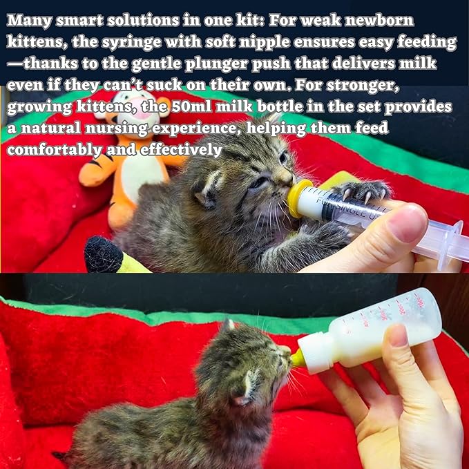 Newborn Pet Feeding Kit, 50ml Nursing Bottle & Syringe Set for Puppies, Kittens, Rabbits, Squirrels – BPA-Free Silicone Nipples, Measuring Cup & Cleaning Brush – Safe, Hygienic Milk Feeder