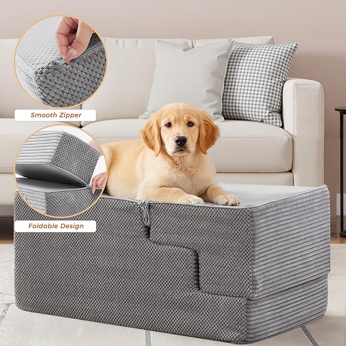 HYLEORY Dog Stairs for Bed 22.5''H, 5-Step Pet Stairs for Small Dogs & Cats, Sturdy Pet Steps with Non-Slip Bottom, Functional Portable Dog Ramp for Couch/Chair/Sofa/Car, Storage Pocket, Light Grey