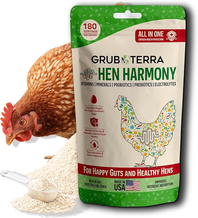 GrubTerra Hen Harmony – All-in-One Chicken Electrolytes for Water with Probiotics & Prebiotics, Daily Gut Supplement and Vitamins Supporting Hydration, Digestion, Egg Production – 180 Servings