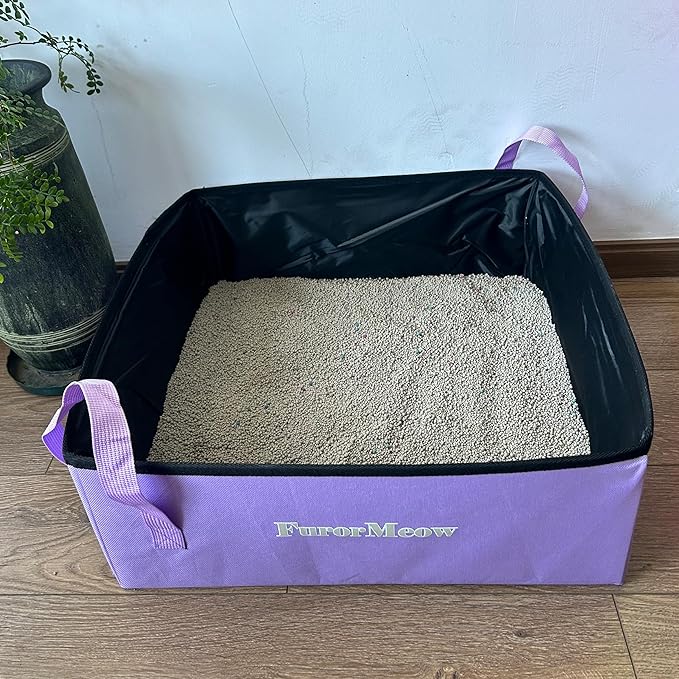 Portable Cat Litter Box, Firm Waterproof Foldable for Travelling for Cats, Including Crinkle Ball, Poop Bags, Foldable Bowl and Scoop, 15.8x15.8x5.9 inches (Light Purple)