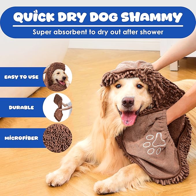Microfiber Dog Bath Towel – Super Absorbent Dog Towels for Drying Dogs Large & Small, Quick Dry Pet Towel with Hand Pockets, Soft & Durable Puppy Towel, Machine Washable – Coffee