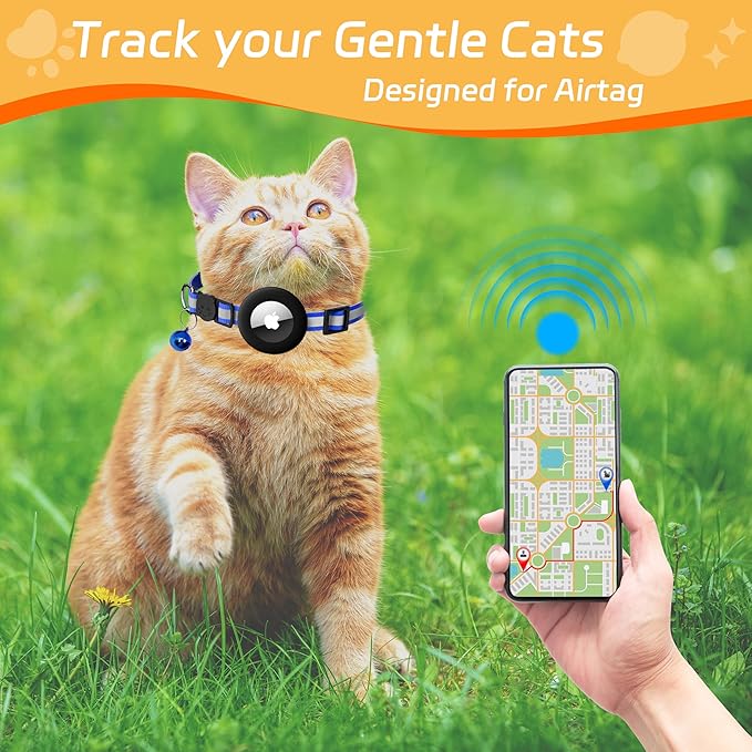 Cat Collar with Air Tag Holder, Reflective Kitten Collar with Bell, Breakaway Airtag Cat Collar for Boys Girls Cats, GPS Tracker for Cats 0.4’’ Width Adjustable Safe Kitty Collar, Blue