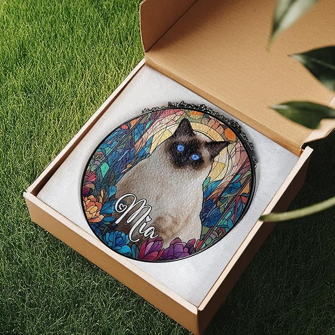 Custom Cat Dog Portrait Art Suncatcher Stained Glass Window Hanging Remembrance Gift Indoor Decor Dog Bereavement Keepsake Loss of Pet Sympathy with Name Date Portrait