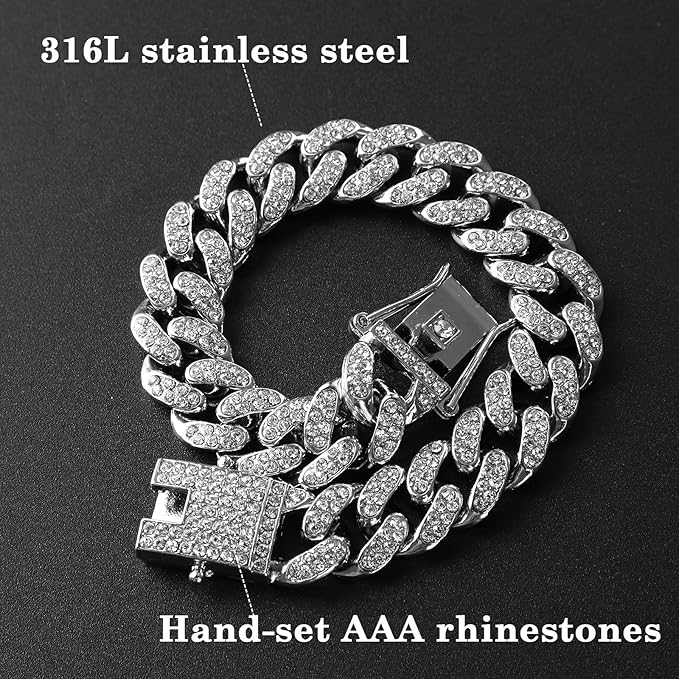 Amabro Diamond Cat Chain Collar, Metal Cuban Link Dog Collar with Secure Buckle Cat Pet Necklace Chain Pet Collar Jewelry Accessories for Small Medium Dogs Cats Puppy Kittens (Silver, 10 inch)
