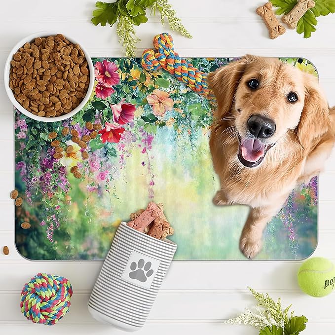 Abstract Spring Flowers Dog Food Mat for Floors,Blossom Ivy Colorful Absorbent Pet Food and Water Bowl Mats,Non-Slip Pet Feeding Mat,Pet Supplies 16" x 24"