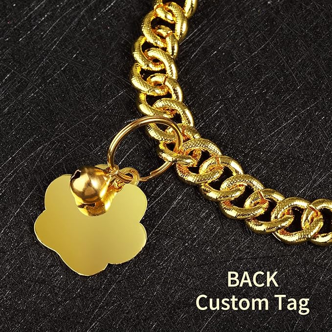 Hillban Cat Collar Diamond Chain Glitter Collar Walking Metal with Secure Buckle Cat Pet Necklace with Paw Charm and ID Tag Bell Link Cuban Jewelry Accessories Gift(8 Inch,Gold)