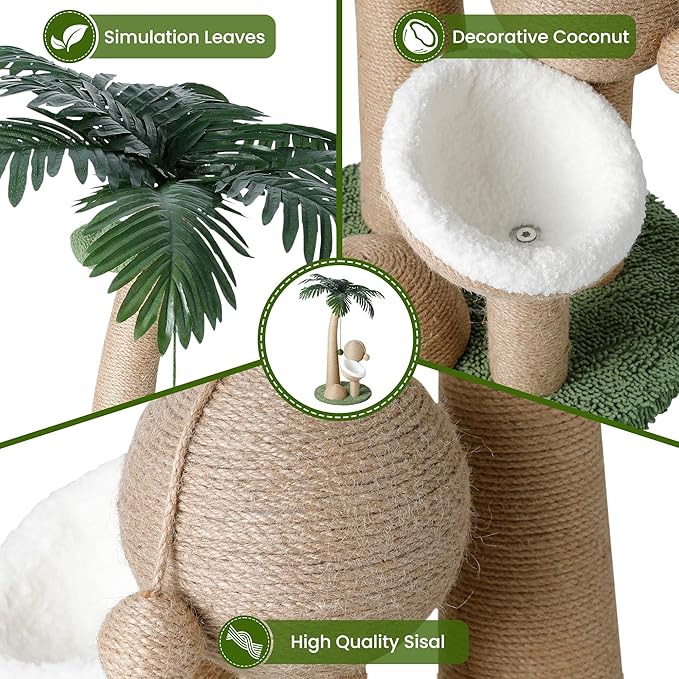 43 Inches Tall Cat Scratching Post for Large Cat, Coconut Tree Shaped Sisal Scratcher for Indoor Cat with Pompoms