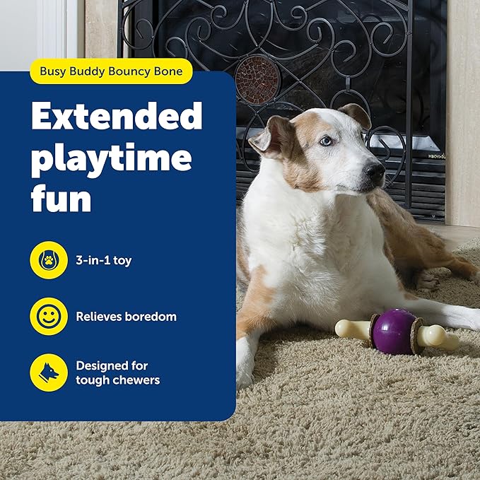 PetSafe Busy Buddy Bouncy Bone - 3-in-1 Adjustable Slow Feeder Toy with Refillable Treat Rings - Cleans Teeth & Gums, Cures Boredom & Slows Down Eating Habits - Small - for Dogs Under 10 lb