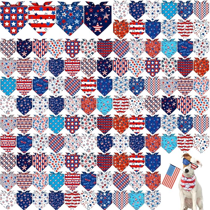 Sanwuta 120 Pcs Dog Patriotic Bandana Bulks 4th of July Bandanas Independence Day Pet Scarf Soft Triangle Scarfs for Small and Medium Pets, 30 Styles