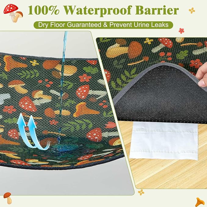 Unicorn Catcher 40X30in Cat Litter Mat Machine Washable Soft 3D Air Mesh Litter Box Rug Non-Slip Backing Quick Dry Scatter Control for Paws,Green Mushrooms