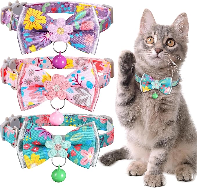 Cat Collar Breakaway, HYQHYX Floral Kitten Collar with Bell, Cute Cat Collar with Bow for Girl Boy Removable Bowtie