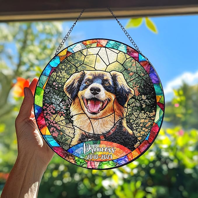 Custom Dog Portrait Art Suncatcher Stained Glass Remembrance Gift Pet Indoor Decor Window Hanging Dog Cat Bereavement Keepsake Loss of Pet
