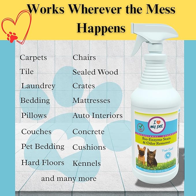 I Love My Pet Enzyme Stain & Odor Eliminator for Dog & Cat Urine – Professional Strength Cleaner for Carpets, Furniture & Upholstery – Pet-Safe, Works on Set-In Odors – 32 oz
