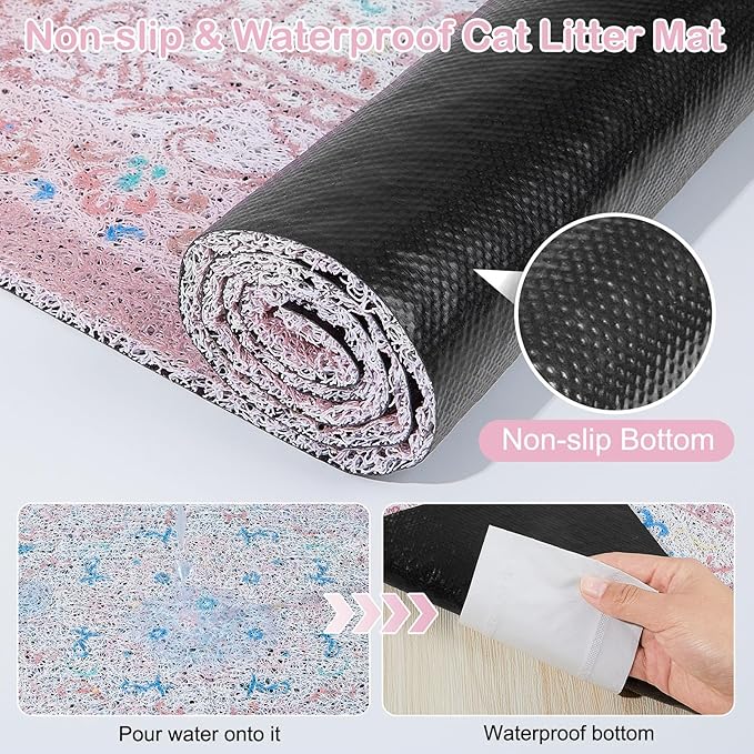 Bienbee Cat Litter Mat, 24" x 15" Waterproof Litter Box Mat Litters Rug with Non-Slip Bottom, Easy to Clean Litter Trapping Mat for Cat,Pink-Green Datura M