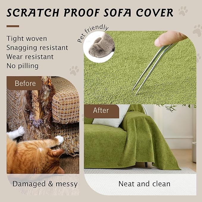 PuTian 100% Waterproof Couch Cover for Dogs - Anti-Scratch Washable Non Slip 2 Cushion Cover Blanket for L Shaped Sectional Recliner Chair Sofa Slipcover for Pet Cats Kids, 71''X102'' Boho Green
