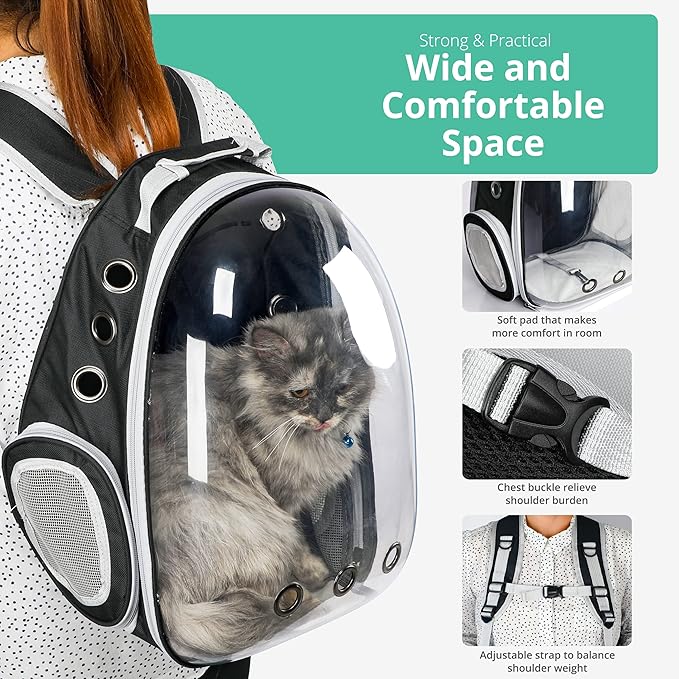 Cat Backpack Carrier with Collapsable Dog Bowl, Cat Collar & Interactive Cat Toy (4 Pcs Set)- Airline Approved Cat Carrier Bag for Medium Dogs & Cats, Animal Carrier Backpacks, Pet Backpack |Black