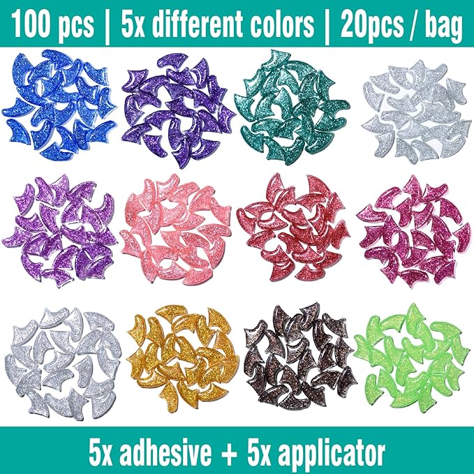 100 pcs Cat Nail Caps | Cat Claw Covers with Adhesives and Applicators | 5X Different Glitter Colors (M)
