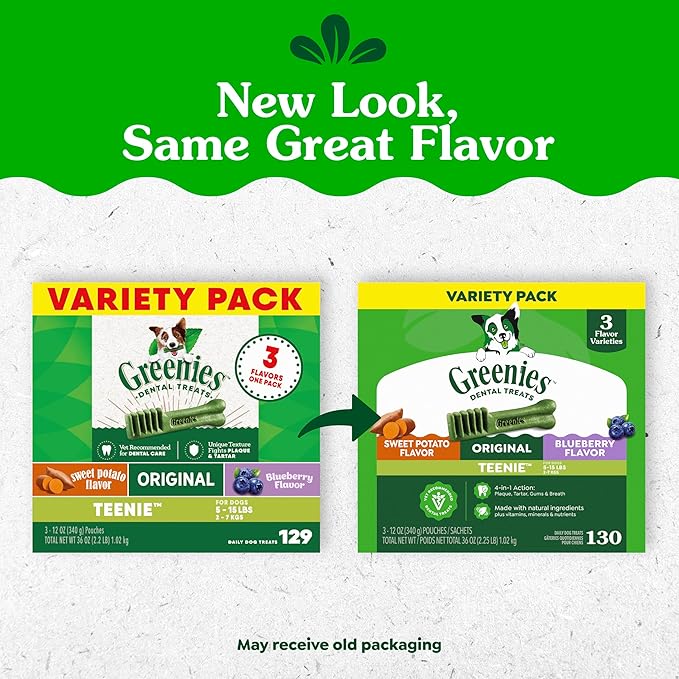 Greenies Dog Treats Veterinarian-Recommended Natural Dental Treats for Dogs, Teenie Size, Variety Pack Flavor, (3) 12 oz. Packs, 130 Count