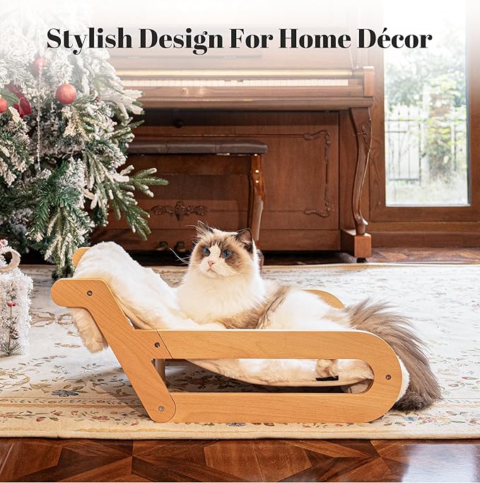 CHEERHOME PETS Elevated Cat Couch Bed for Indoor, Wooden Cats Sofa with Washable Fluffy Cover Raised Kitty Lounge Chair Suitable for Puppy(Cat Lounge Off-White)