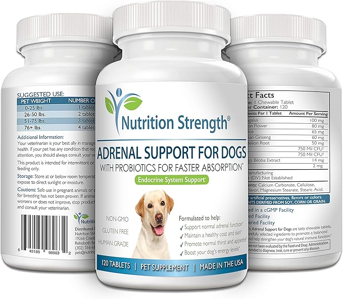 Adrenal Support for Dogs, Support for Dogs with Cushing's Disease, Maintain a Healthy Coat and Skin, Promote Normal Urination, Thirst and Appetite, 120 Chewable Tablets