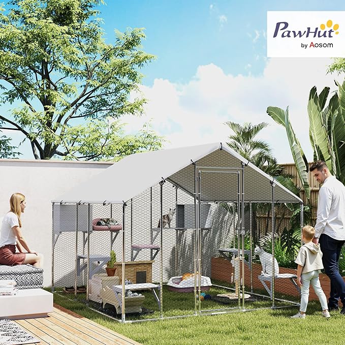 PawHut Catio Outdoor Cat Enclosure, 94.5" Extra Large Walk-in Cat House with Waterproof Cover, 2 Resting Boxes, 7 Jumping Platforms, Chicken Run Coop, Rabbit Hutch, Feral Cat Shelter Pointed Roof