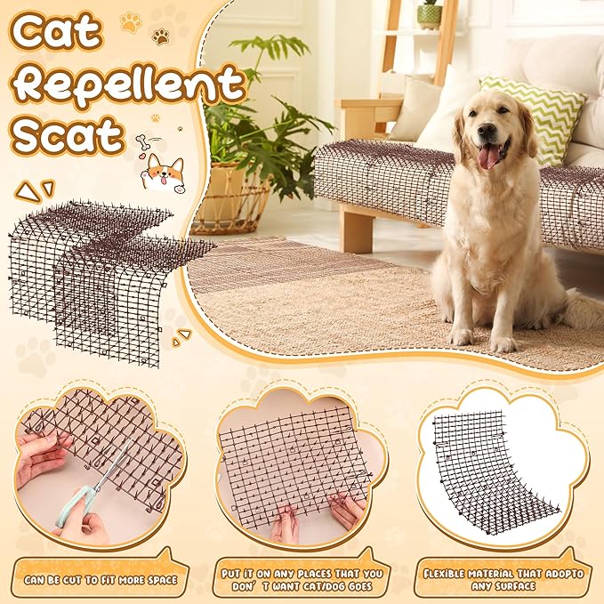 Sanwuta 2 Pcs 26.3 ft Cat Spike Mat Outdoor Cat Deterrent Mat with Spikes Prickle Strips Indoor Dog Digging Deterrent Anti Network Spikes with 10 Staples for Garden Fence(Brown)
