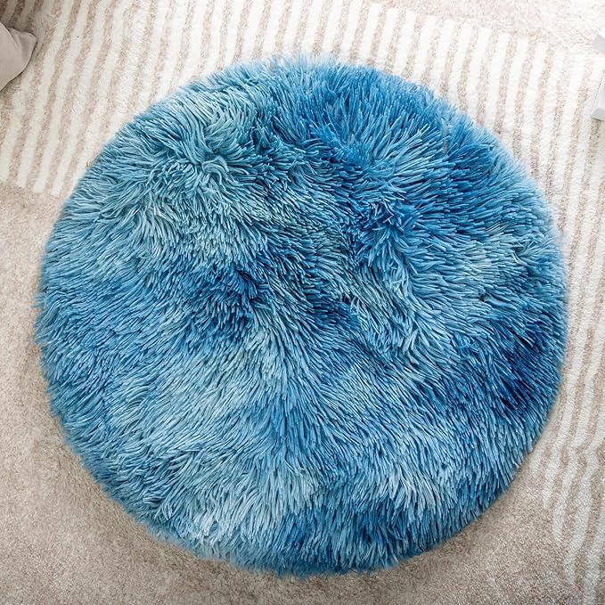 Round Plush Pet Mat Thin Style Pad Mat for Cats, Small Dogs, Rabbits, Guinea Pigs, Washable Soft Sofa mat, for Crate Cat Tree Tower Window Perch (Blue, Large (23.6inch) - 1pcs)