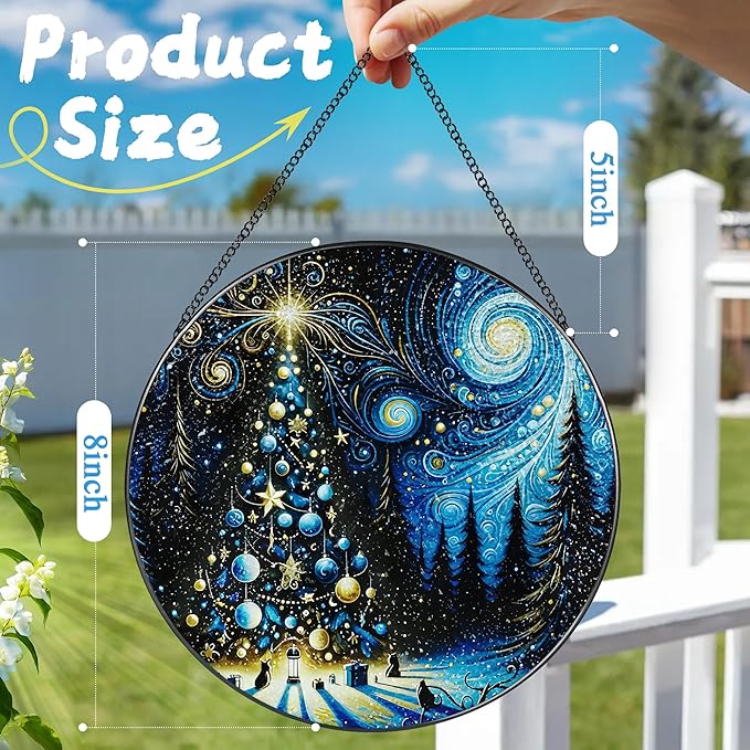 8″ Starry Night Christmas Tree Stained Glass Suncatcher Ornament, Stained Glass Window Hanging — Holiday Window Ornament | Gift for Christmas, Holiday Present Idea, Gift Exchange, Gifts Idea