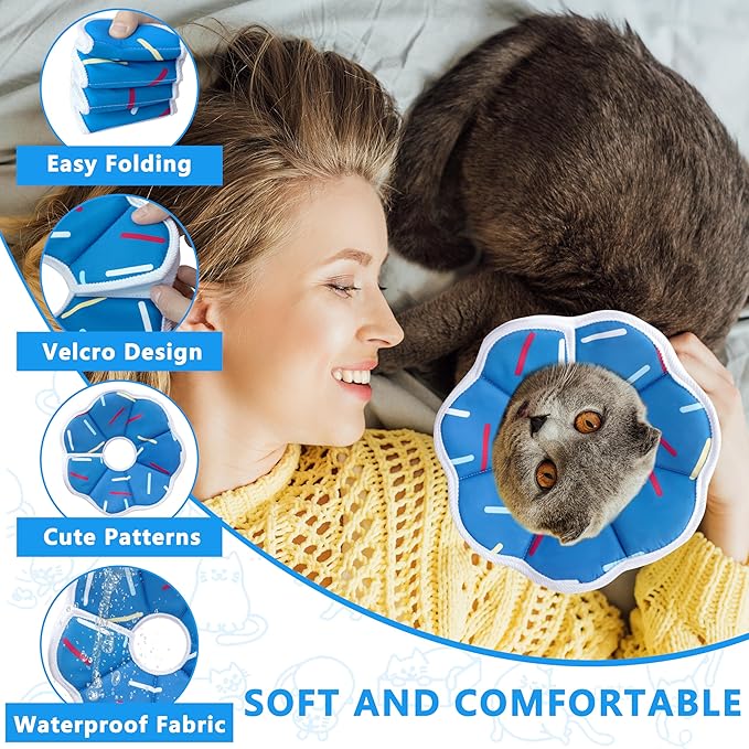 Soft Adjustable Cat Cone Collar, Comfortable Cat Recovery Collar Suitable for Various Types of Cats,Elizabethan Neck Protective Collar for Cats After Surgery (Blue Stripe, Medium)