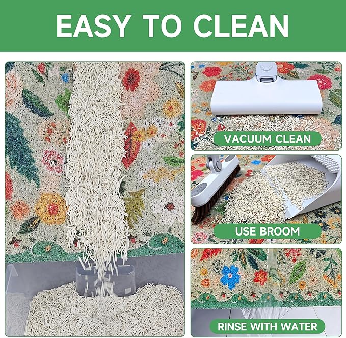 Cat Litter Mat, 35" x 23" Litter Box mat, Upgrade Non-Slip Kitty Litter mat, Traps 100% Litter, Soft on Kitty Paws, Easy Clean for Scatter Control, Bohe cat Food mat, Urine Waterproof