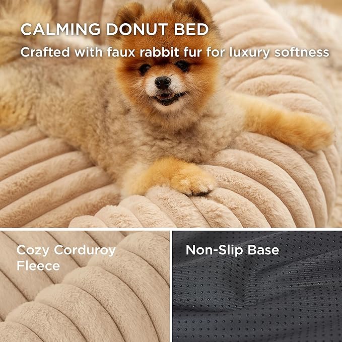Bedsure ComfyFleece Donut Medium Dog Bed - Washable Faux Fur with Corduroy Fleece & Anti Slip Bottom, Round Pet Bed with Removable Cover,Sandy Beige,30x30x8 inches