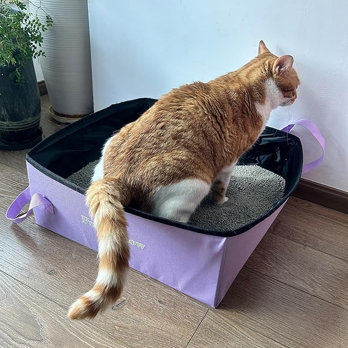 Portable Cat Litter Box, Firm Waterproof Foldable for Travelling for Cats, Including Crinkle Ball, Poop Bags, Foldable Bowl and Scoop, 15.8x15.8x5.9 inches (Light Purple)