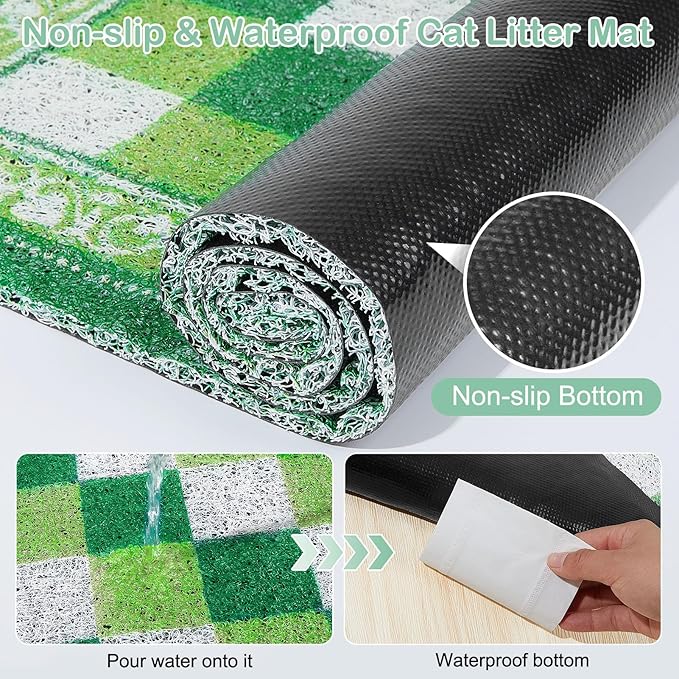 Bienbee Cat Litter Mat, 33" x 22" Waterproof Litter Box Mat Litters Rug with Non-Slip Bottom, Easy to Clean Litter Trapping Mat for Cat,Green Checkerboard L