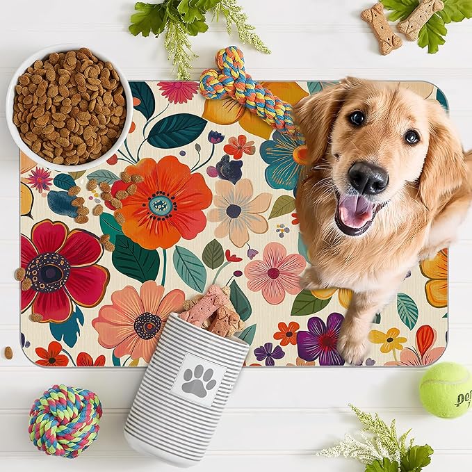 Floral White Dog Food Mat for Floors,Boho Absorbent Quick-Dry Pet Feeding Mat,Cat Dog Bowl Mats for Food and Water,Non-Slip Pet Accessories Supplies 16"x24"