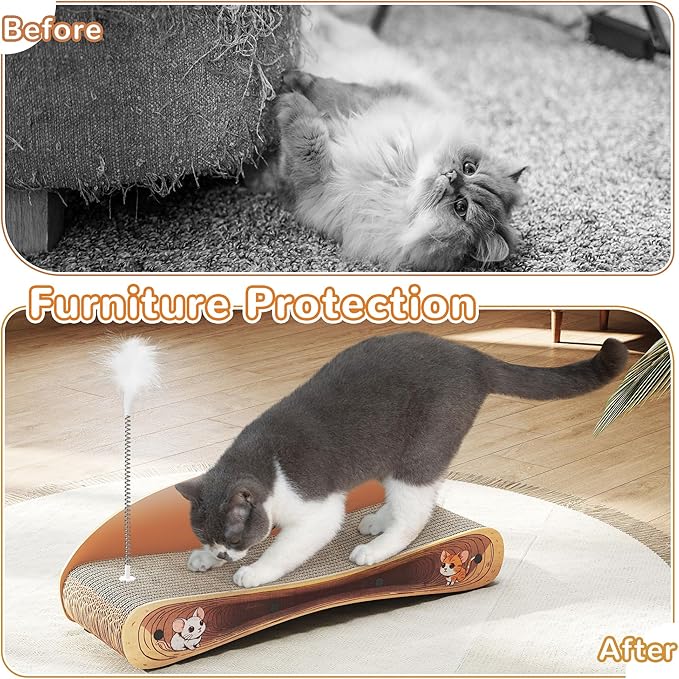 Cat Scratcher Lounge Bed, Reversible 2-in-1 Cardboard Scratching Board, Durable Curved Cat Scratch Pad for Indoor Cats with Toy, Cartoon Pattern