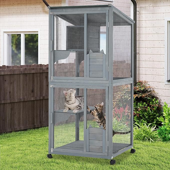 69-Inch Catio, Wooden Cat Enclosure, 4-Tier Cat House w/Waterproof Roof, Removable Tray, Nesting Box and Lockable Caster, Indoor and Outdoor Use, Easy to Clean, Multiple Accesses, Grey