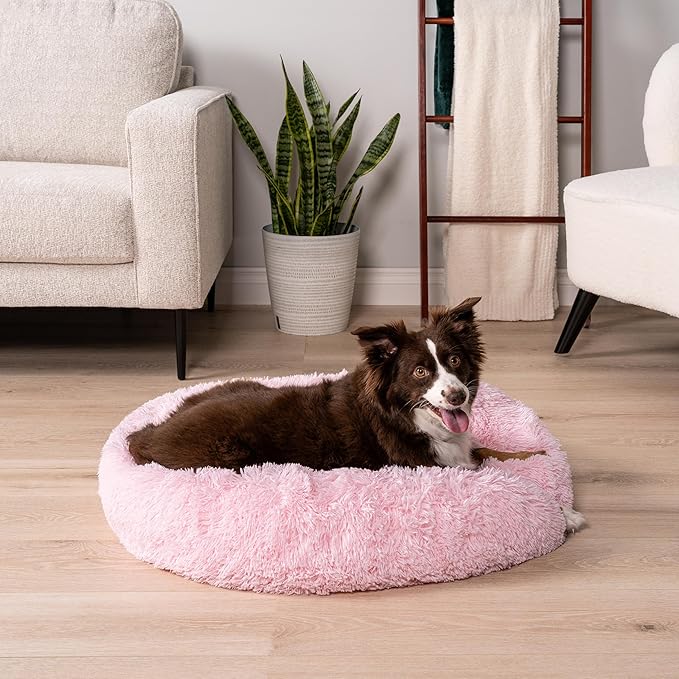 PetAmi Calming Dog Bed for Small & Medium Dogs and Cats, 30 Round Donut Dog Bed, Washable Fluffy Faux Fur Puppy & Cat Bed, Anti-Anxiety Plush Cuddler Pet Bed with Anti-Slip Bottom - Pink