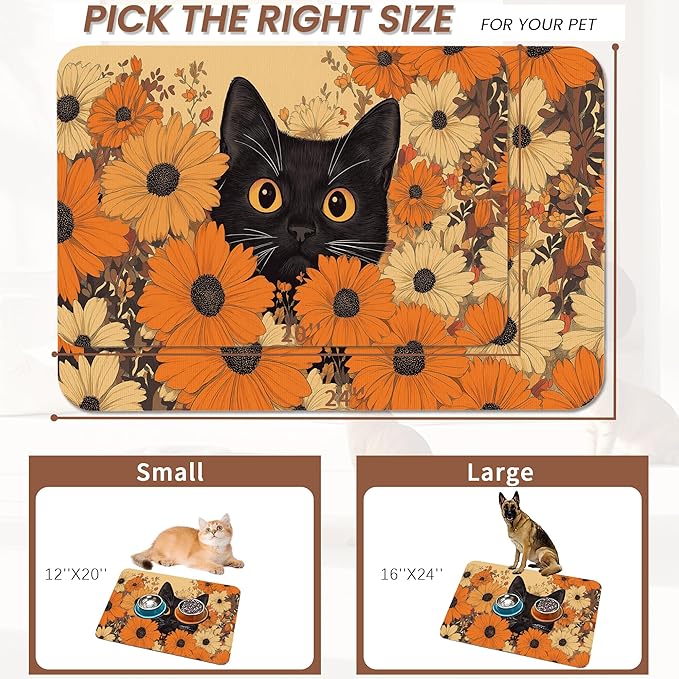 Black Cat Dog Food Mat for Floors,Fall Flower Daisy Absorbent Pet Food and Water Bowl Mats,Non-Slip Pet Feeding Mat,Pet Supplies 16" x 24"