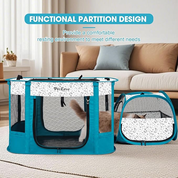Portable 2-in-1 Dog playpen, Outdoor Cat Playpen with Litter Box Area for Indoor Cats Enclosed Rabbit Puppy Hamster Indoor/Outdoor Cats Enclosure Cages Tent (Peacock Blue)
