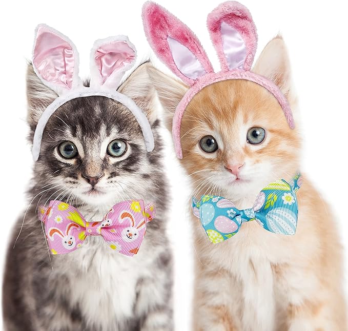 Pohshido Easter Cat Collar with Bow Tie, Holiday 2 Pack Kitty Kitten Cute Bunny Carrot Collar for Girls and Boys (Hoppy Hour/Pink)
