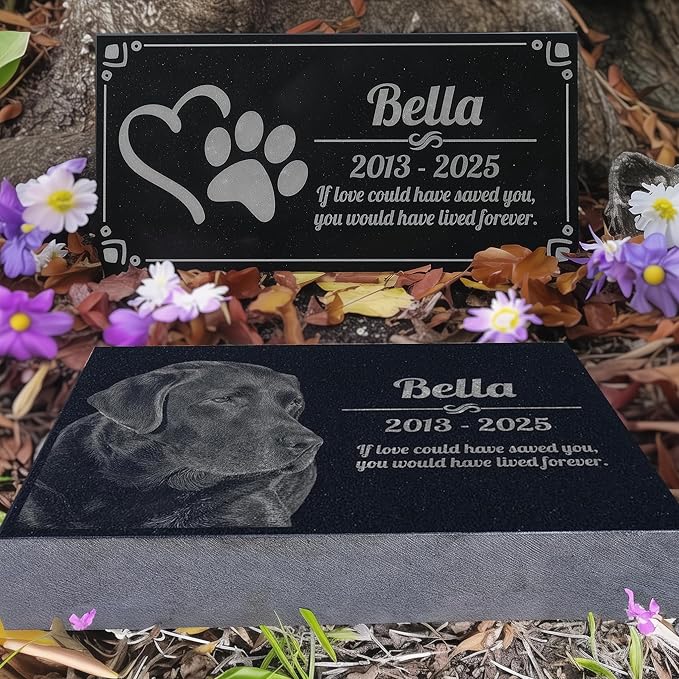 Pet Grave Marker Memorial Personalized Dog Paw Heart Pet Headstones Custom Engraved Absolute Black Granite Garden Plaque Engraved with Dog Cat Name Dates