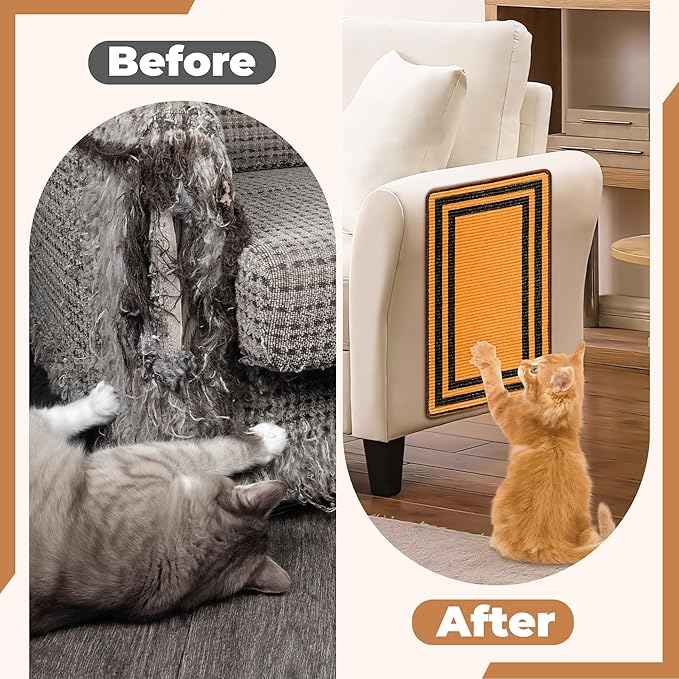 Cat Scratcher Mat, 23.6x15.7 Inch Natural Sisal Cat Scratch Pad, Horizontal Cat Scratching Pad Rug for Indoor Cats with Sticky Tapes, Protect Couch & Carpets（Brown Black）