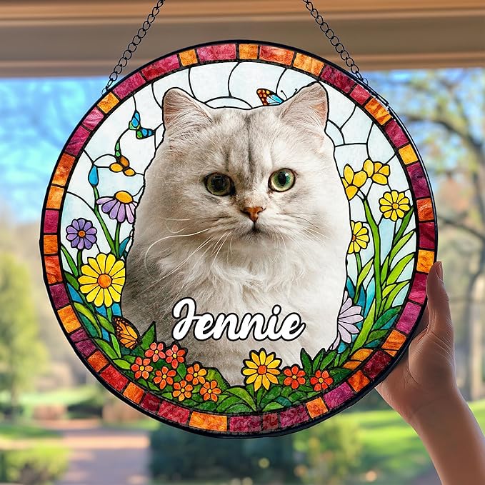 Custom Cat Portrait Art Suncatcher Stained Glass Remembrance Gift Pet Indoor Decor Window Hanging Dog Cat Bereavement Keepsake Loss of Pet